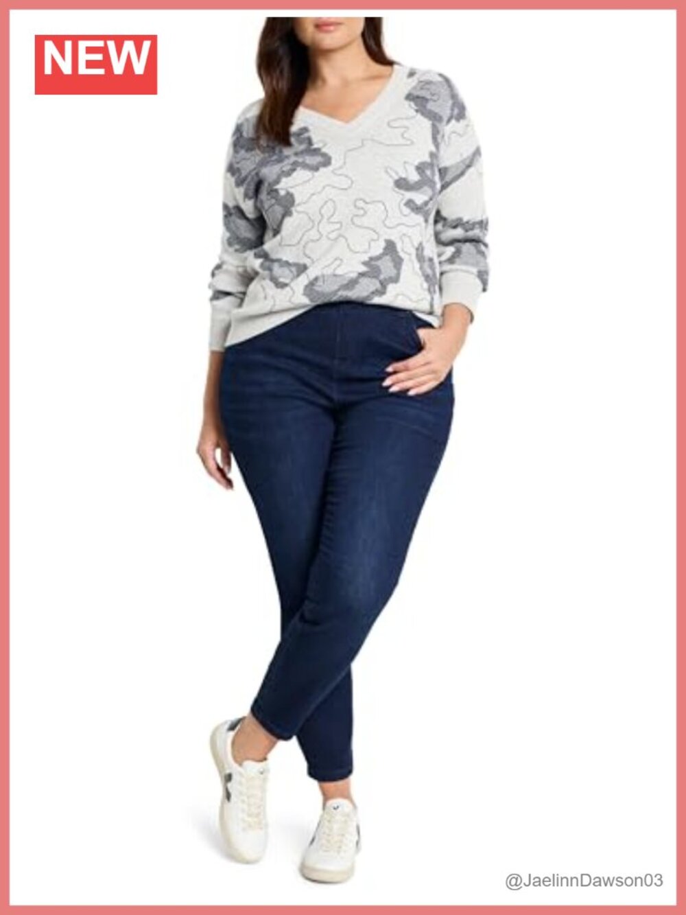 Knit Pullover Sweater Embroidered V-Neck Long Sleeve Jacquard Easy Fit